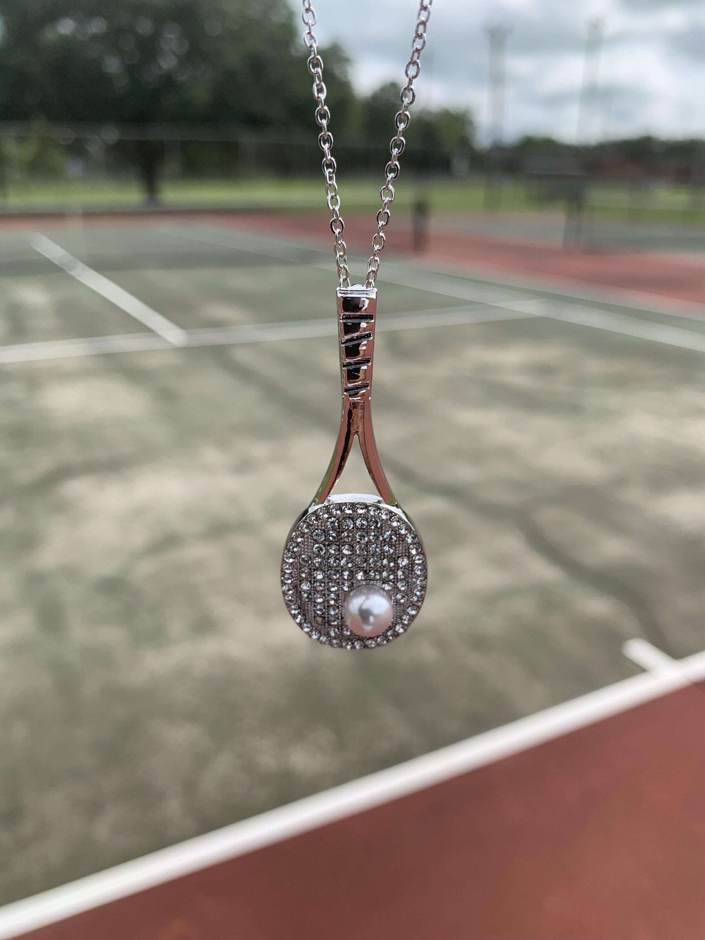 Studded Tennis Racket Pendant and Chain Necklace-STD-TNS-RCKT-24